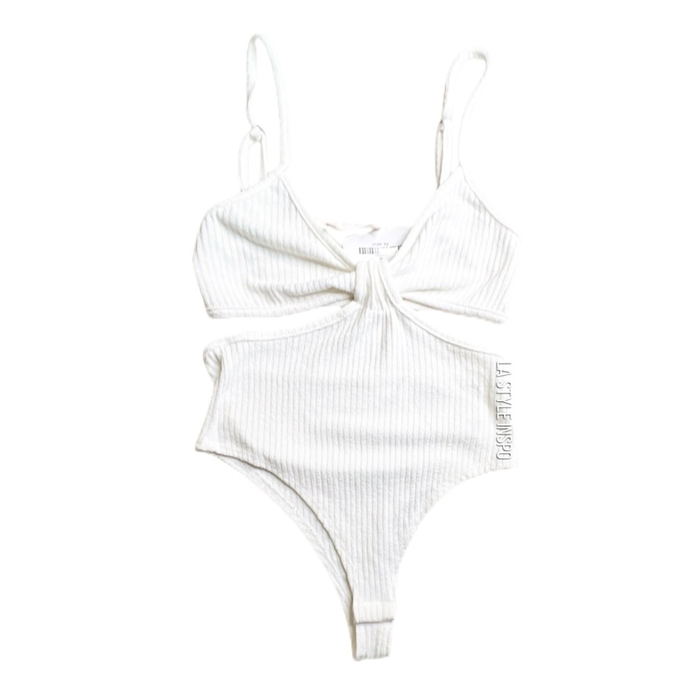 Audrey 3 + 1 White Ribbed Cutout Bodysuit Size Medium